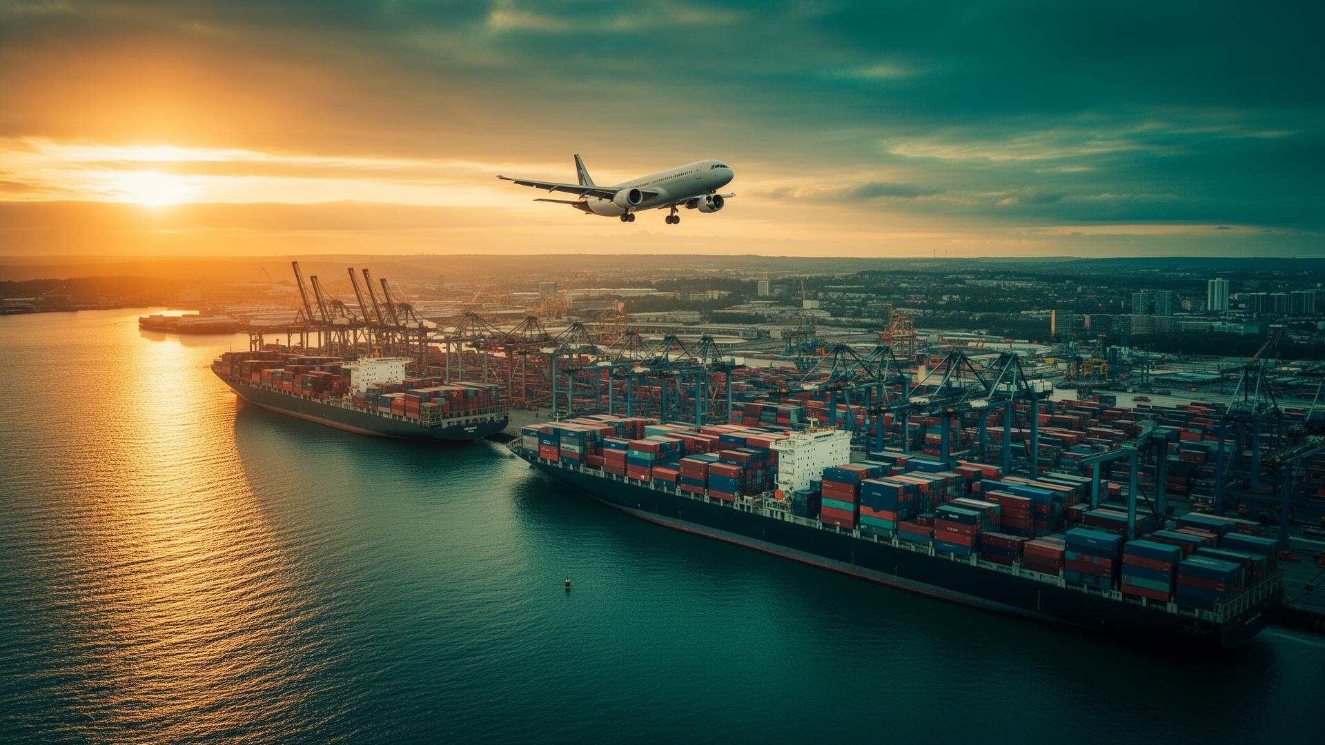 UK port with cargo ship and plane at sunset